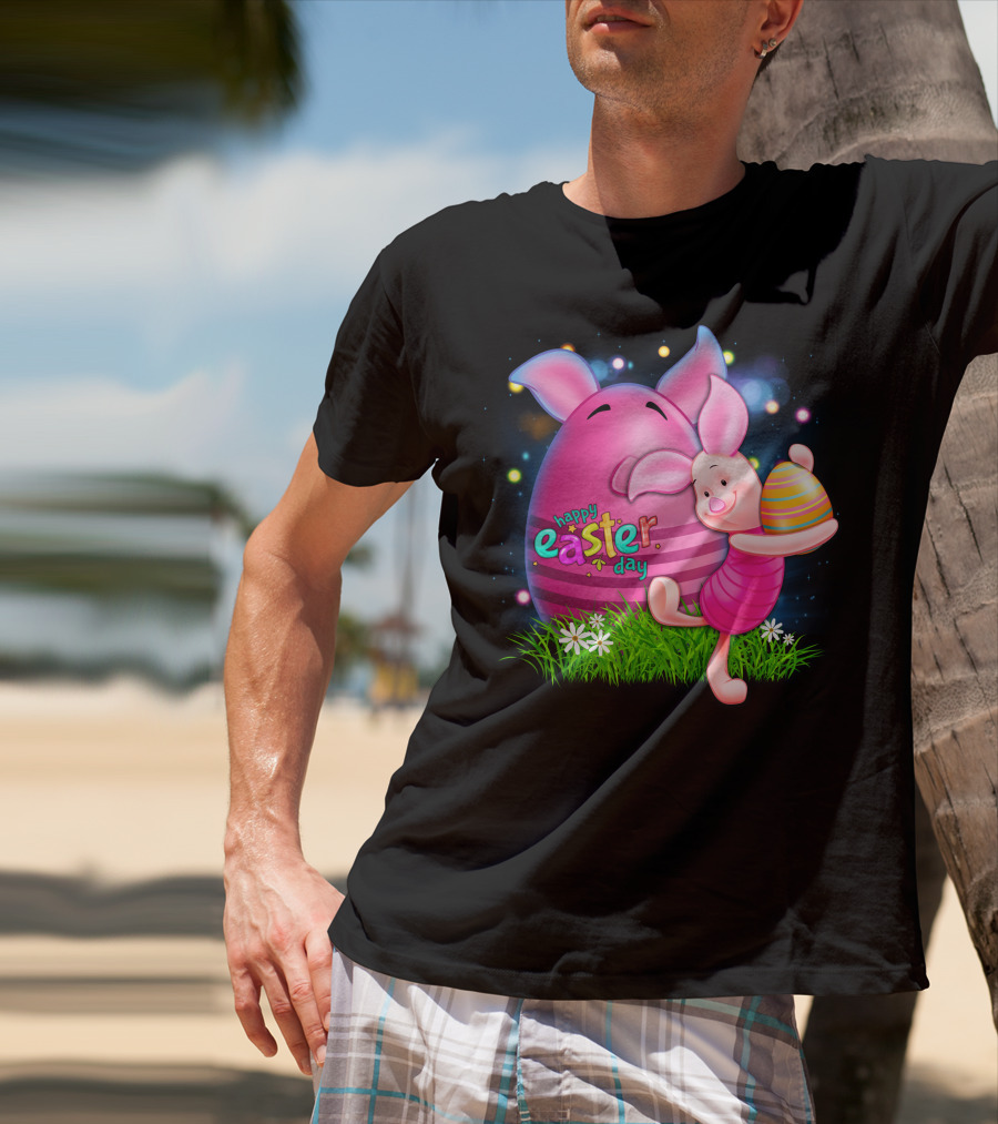 Happy Easter Day Piglet With Colorful Eggs T-Shirt