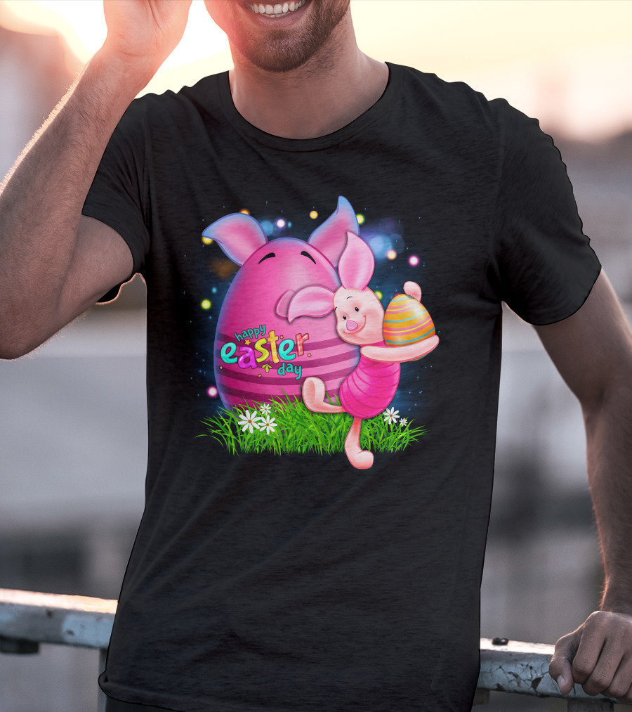 Happy Easter Day Piglet With Colorful Eggs T-Shirt
