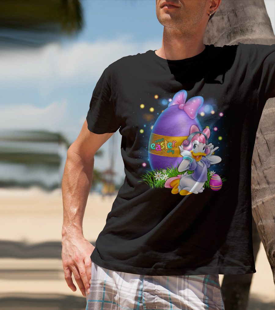 Daisy Duck Happy Easter Day Pink Bow Large Egg And Flowers T-Shirt
