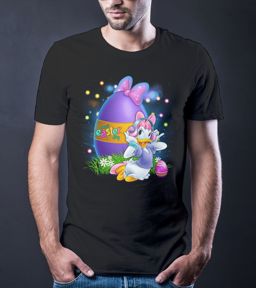 Daisy Duck Happy Easter Day Pink Bow Large Egg And Flowers T-Shirt