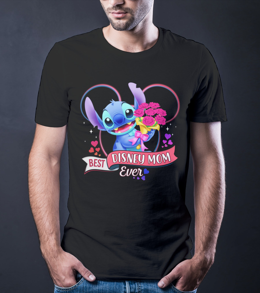 Best Disney Mom Ever Stitch With Flowers And Hearts T-Shirt