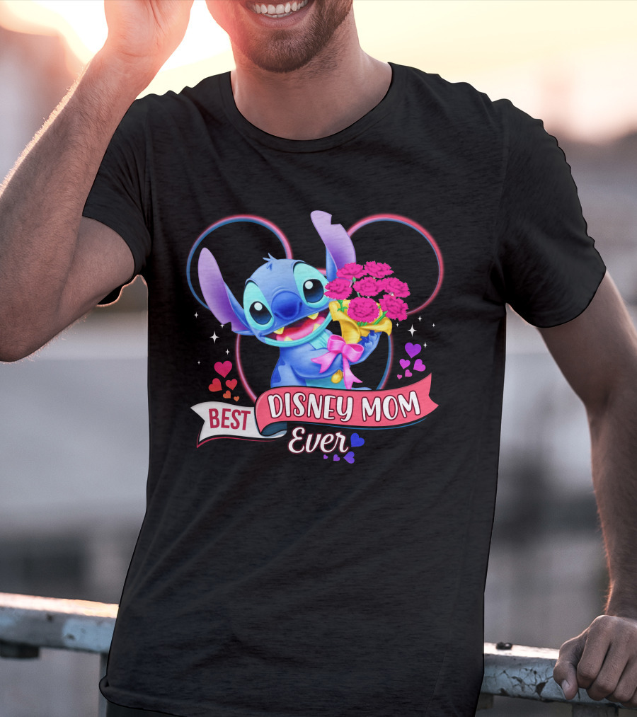 Best Disney Mom Ever Stitch With Flowers And Hearts T-Shirt