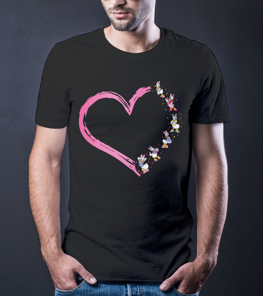 Daisy Duck Heart Shape With Pink Outline And Floral Elements T-Shirt