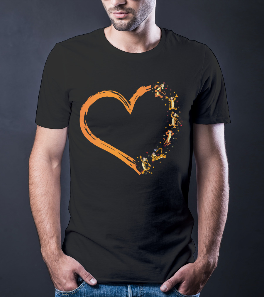 Tigger Heart Orange Brushstroke With Dancing Tiggers And Stars T-Shirt