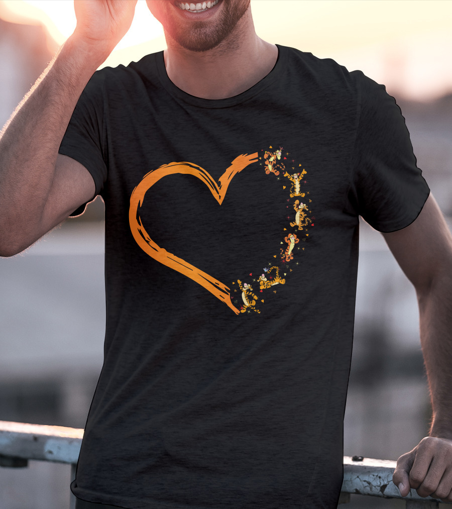Tigger Heart Orange Brushstroke With Dancing Tiggers And Stars T-Shirt