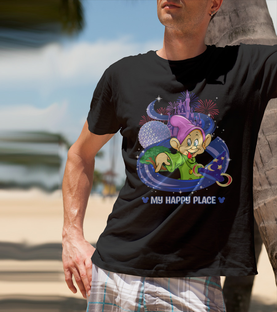 Dopey My Happy Place Epcot Castle Fireworks Sorcerer Hat T-Shirt