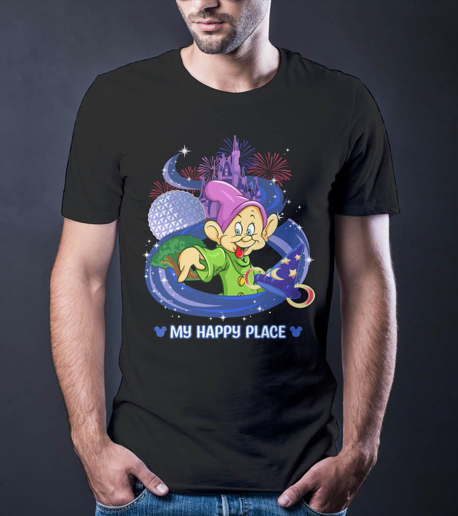 Dopey My Happy Place Epcot Castle Fireworks Sorcerer Hat T-Shirt