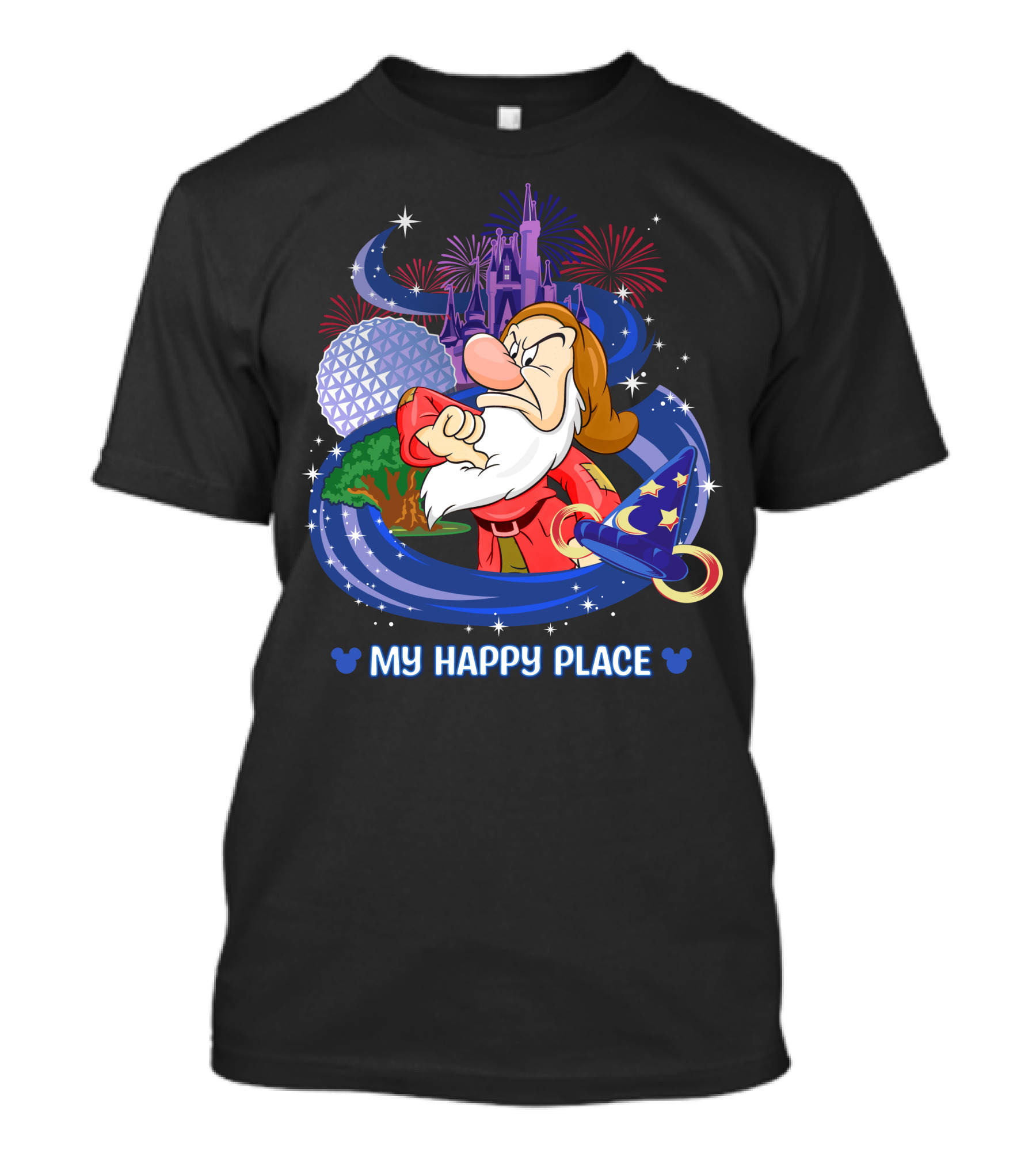 Grumpy My Happy Place Disney Castle Fireworks Epcot Sorcerer Hat T-Shirt