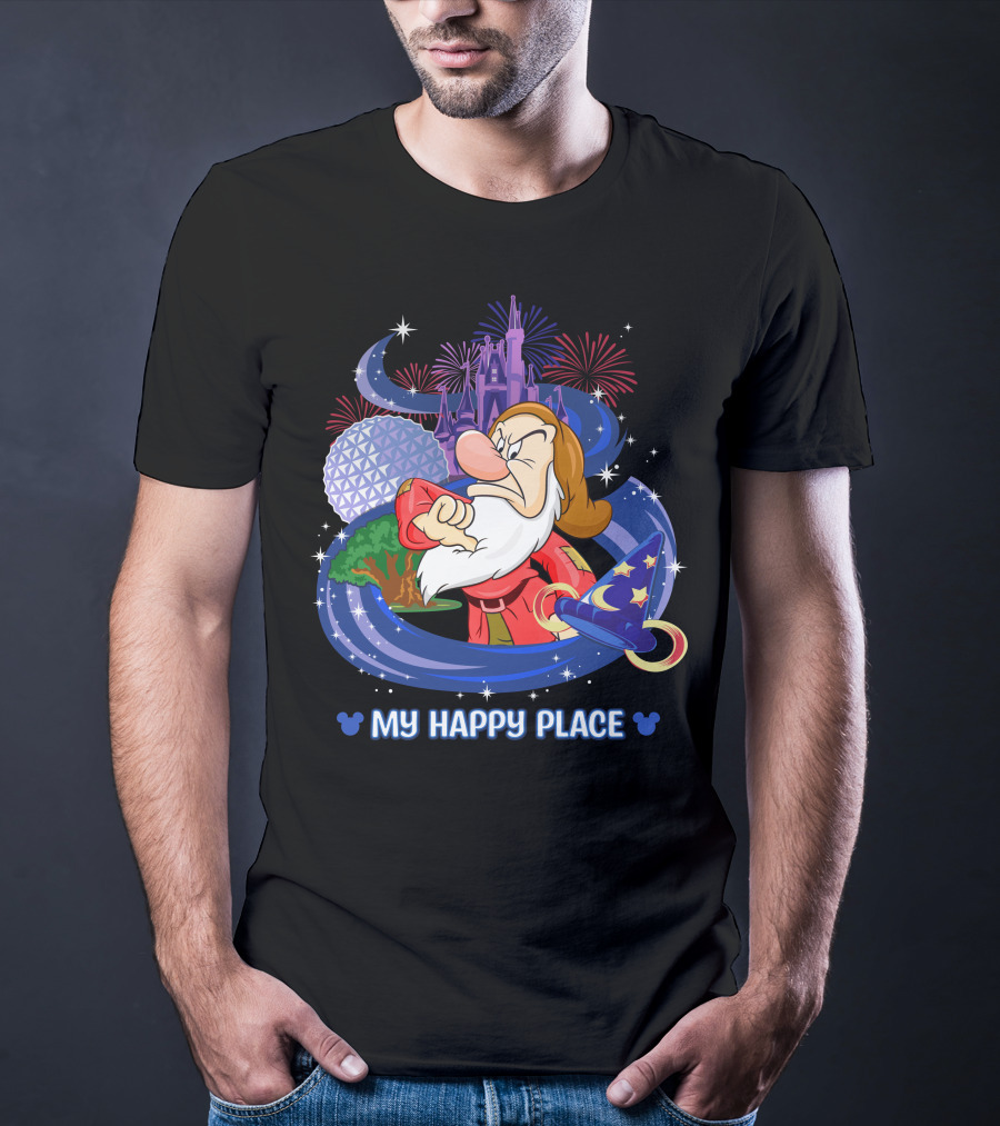 Grumpy My Happy Place Disney Castle Fireworks Epcot Sorcerer Hat T-Shirt