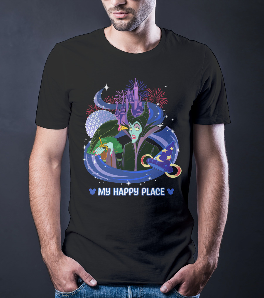 Maleficent My Happy Place Disney Castle Fireworks Mickey Sorcerer Hat T-Shirt