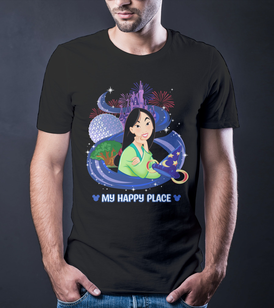 Mulan My Happy Place Disney Theme Parks Castle Fireworks And Sorcerer's Hat T-Shirt