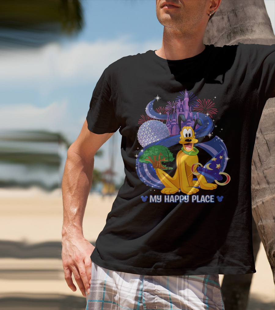 Disney Pluto My Happy Place Disney Castle Fireworks Epcot Disney Mickey Sorcerer Hat T-Shirt