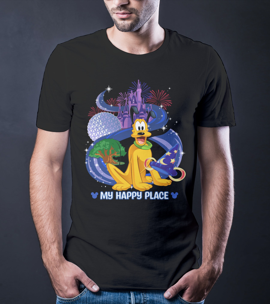 Disney Pluto My Happy Place Disney Castle Fireworks Epcot Disney Mickey Sorcerer Hat T-Shirt