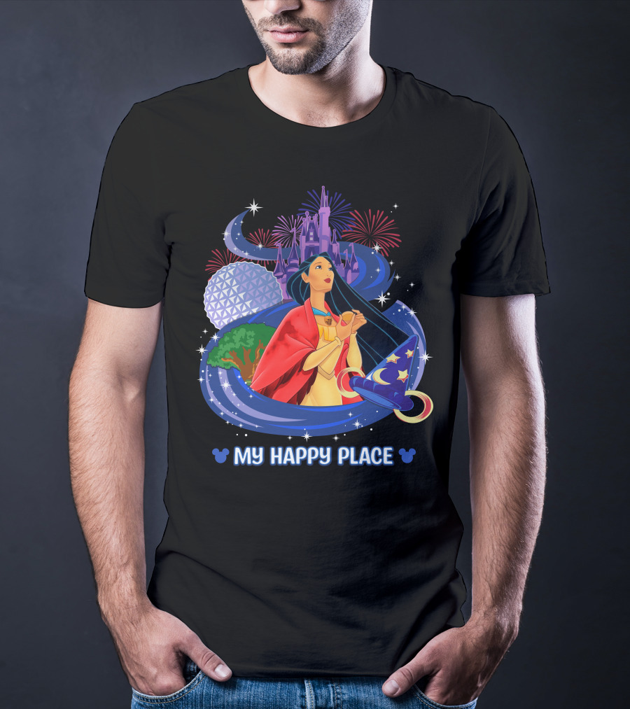 Pocahontas Disney My Happy Place Castle Fireworks Sorcerer Hat Epcot T-Shirt