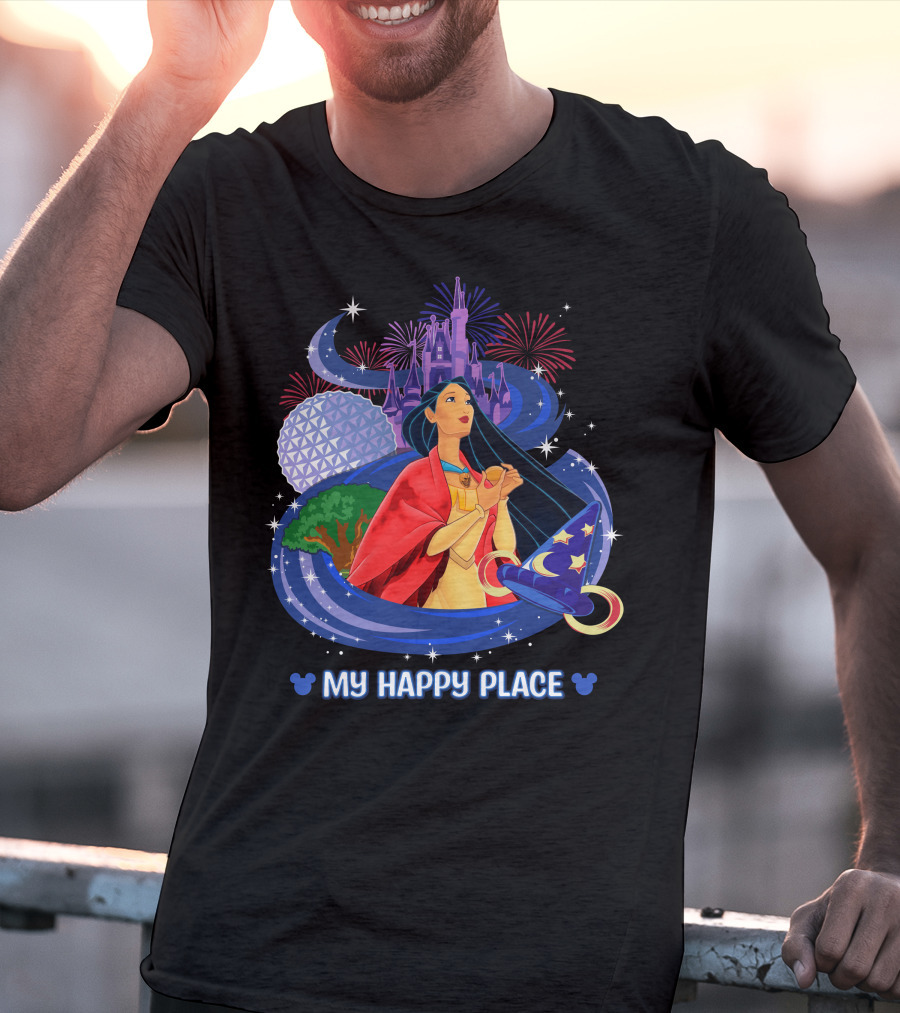 Pocahontas Disney My Happy Place Castle Fireworks Sorcerer Hat Epcot T-Shirt