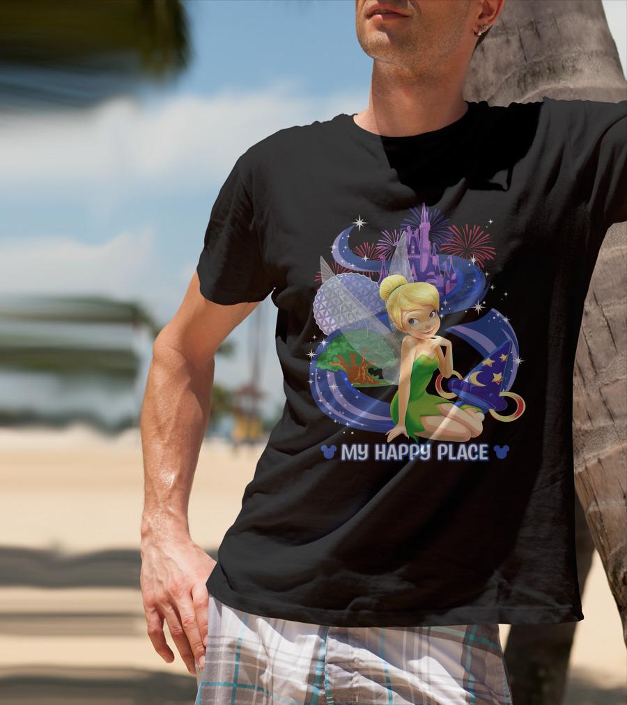 Tinker Bell My Happy Place Disney Castle Epcot Fireworks Wizard Hat T-Shirt