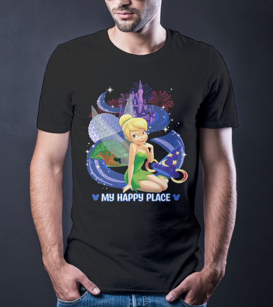 Tinker Bell My Happy Place Disney Castle Epcot Fireworks Wizard Hat T-Shirt