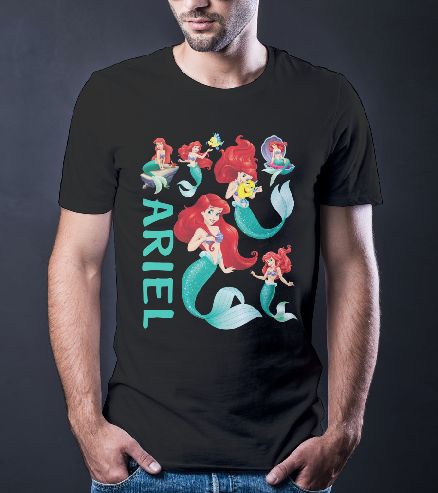 Ariel Mermaid Adventures With Flounder And Shell In Blue Teal Letters T-Shirt