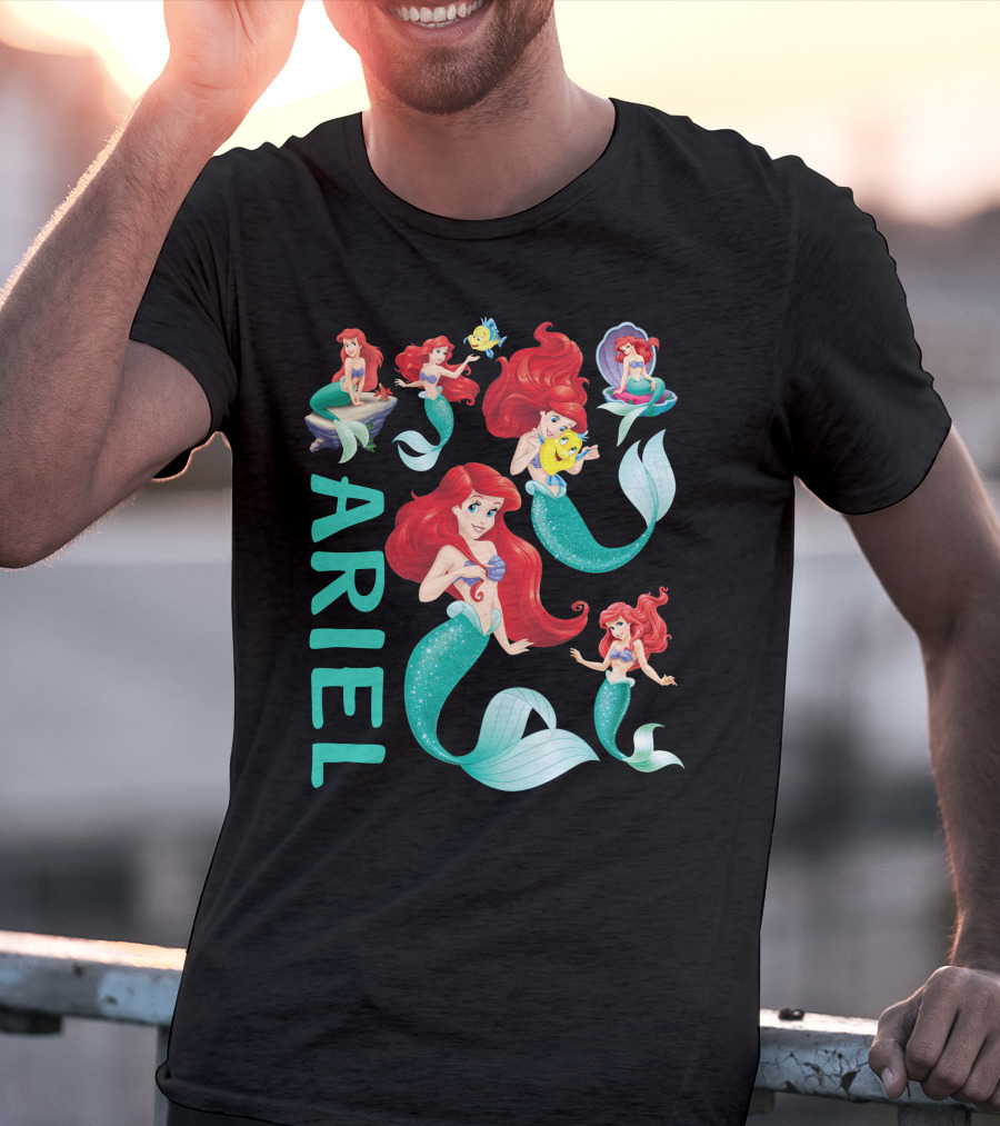 Ariel Mermaid Adventures With Flounder And Shell In Blue Teal Letters T-Shirt