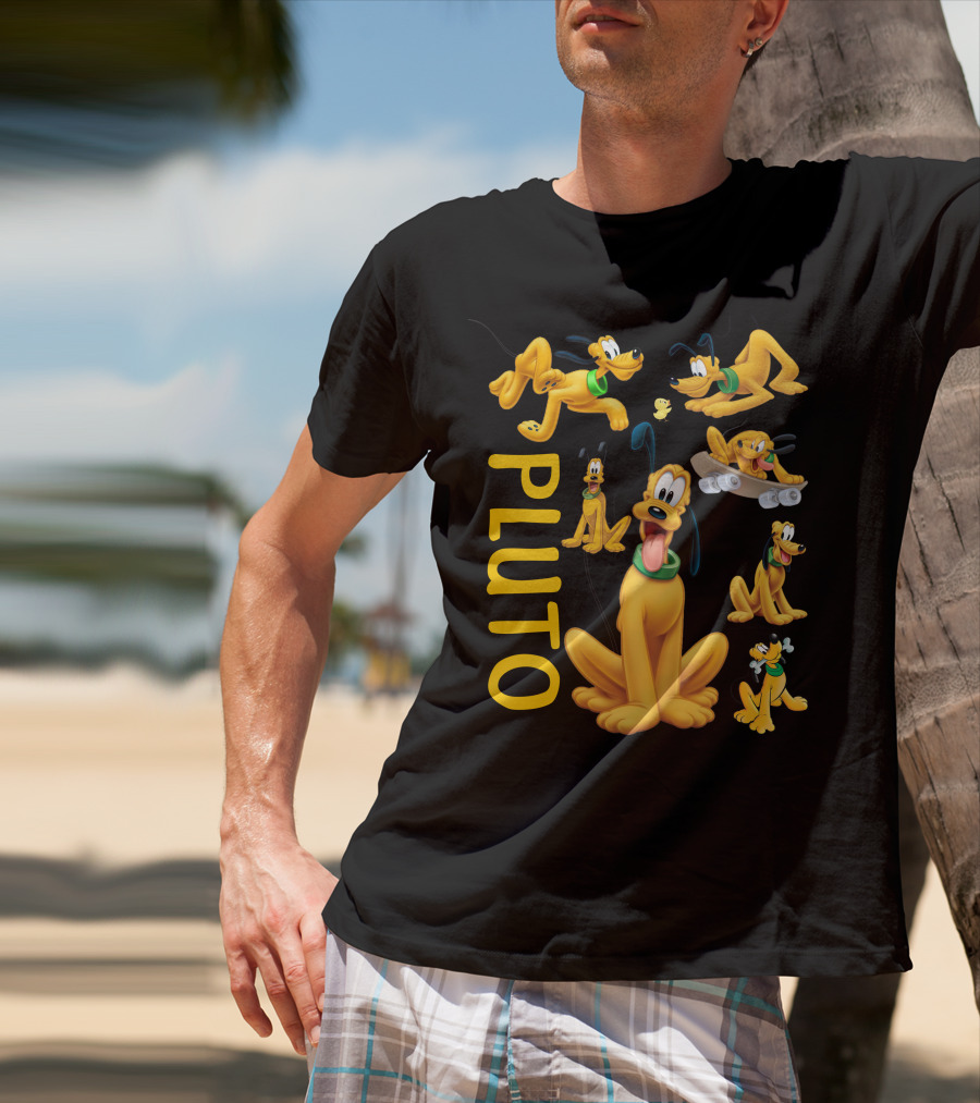 Pluto Character Poses Collection With Skateboarding And Chewy Bone T-Shirt