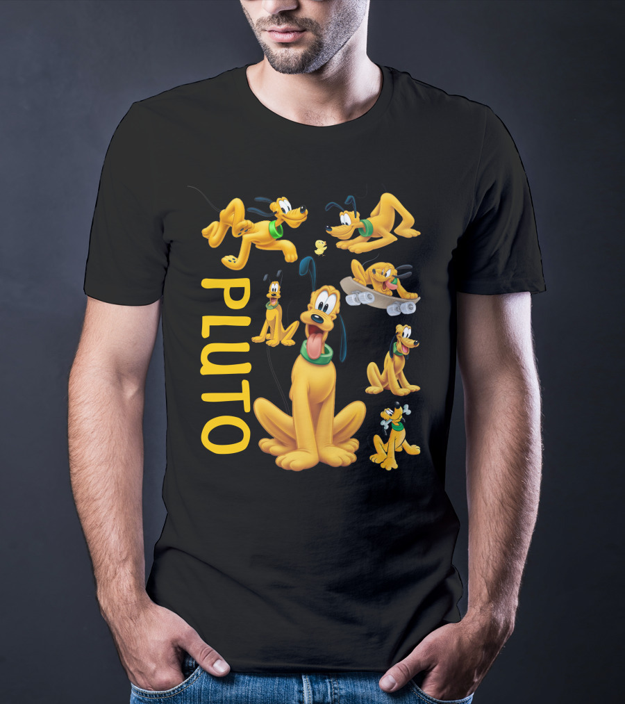 Pluto Character Poses Collection With Skateboarding And Chewy Bone T-Shirt