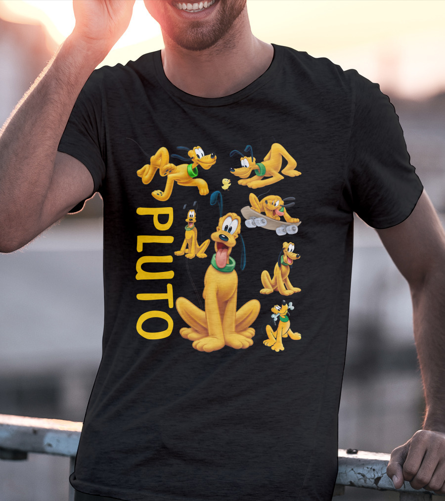 Pluto Character Poses Collection With Skateboarding And Chewy Bone T-Shirt