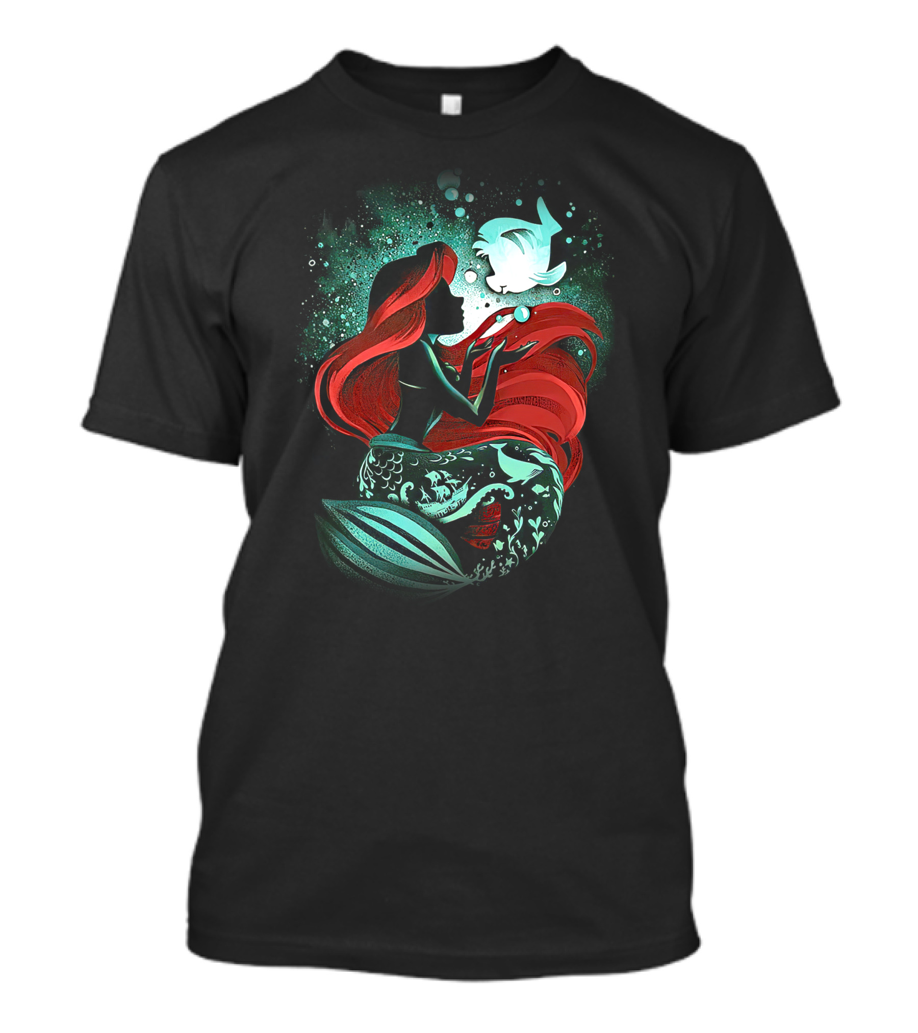 Ariel Mermaid Silhouette With Fish And Red Hair T-Shirt
