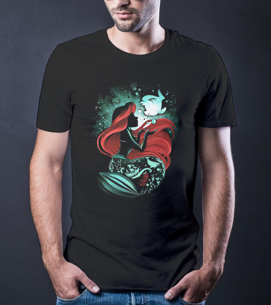 Ariel Mermaid Silhouette With Fish And Red Hair T-Shirt