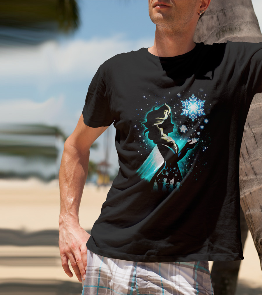 Elsa Silhouette With Snowflakes And Winter Scene T-Shirt