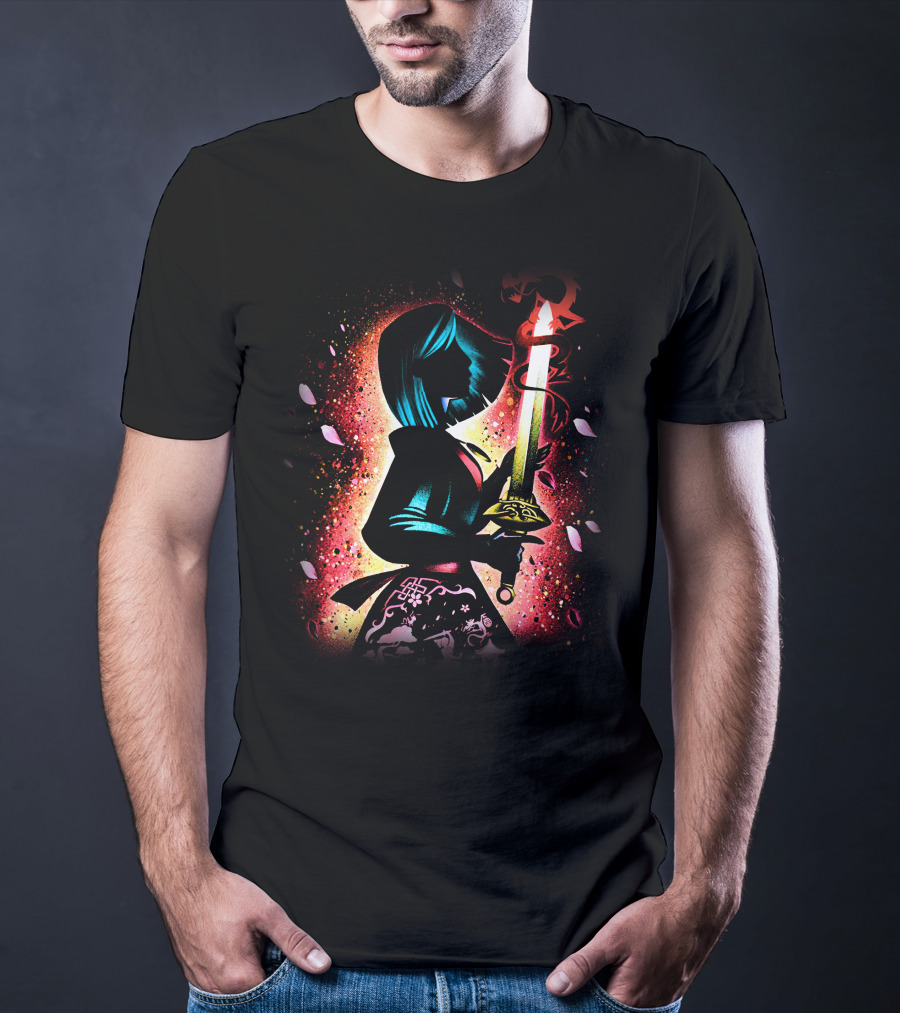 Mulan Silhouette With Sword And Floral Motif T-Shirt