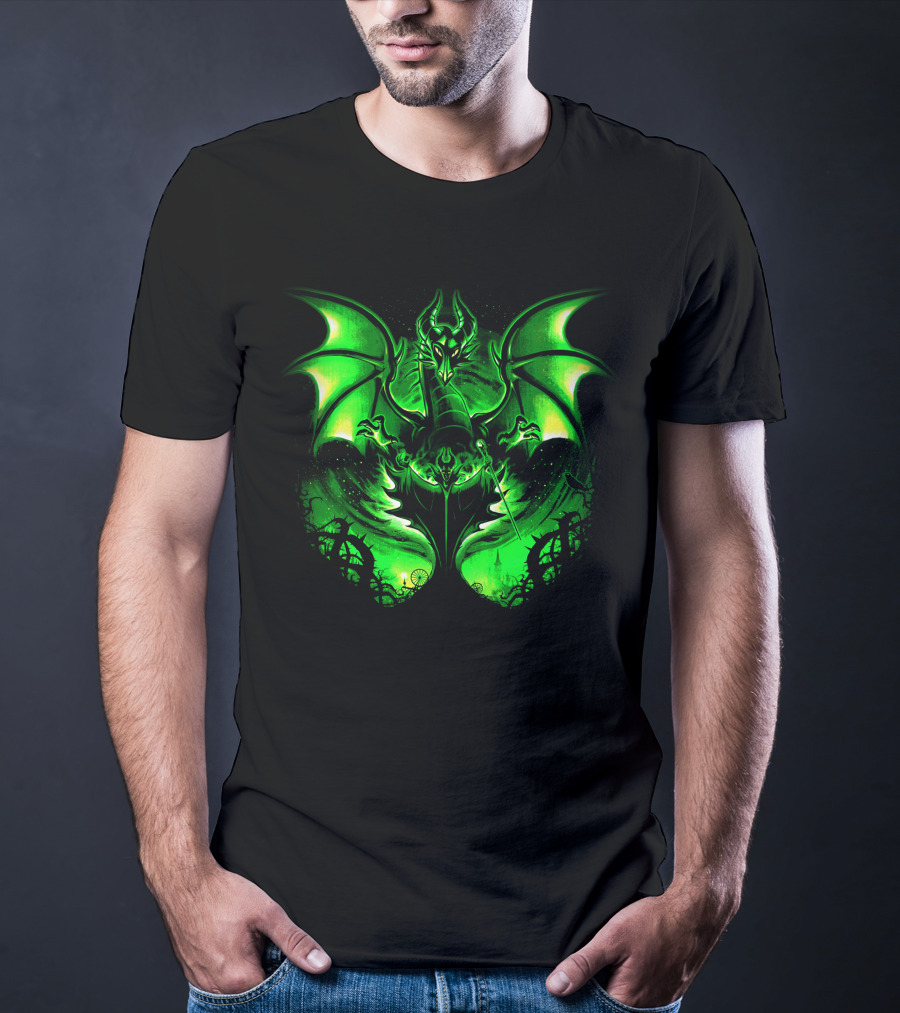 Maleficent 2 Dark Green Dragon Art Fantastical Scene Ravens Winding Thorns T-Shirt