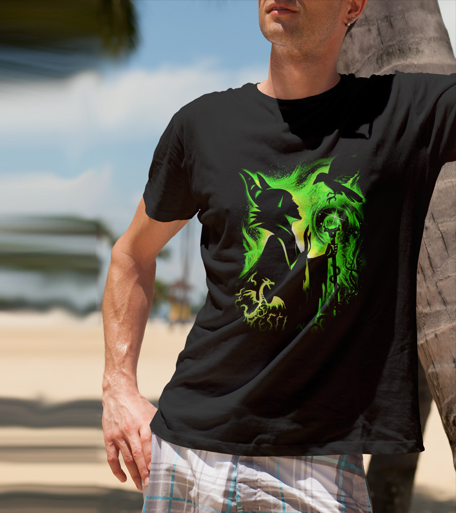Maleficent 3 Dragon Silhouette And Green Magic Staff Scene T-Shirt