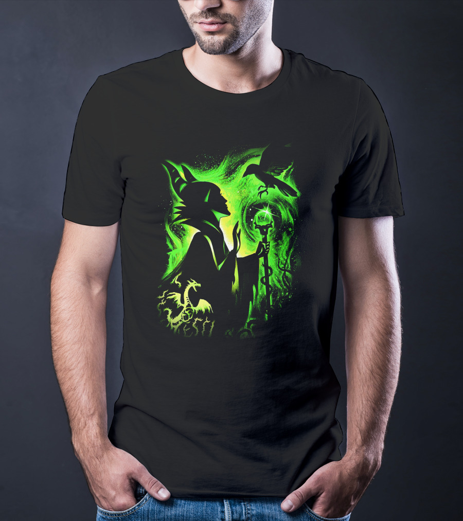 Maleficent 3 Dragon Silhouette And Green Magic Staff Scene T-Shirt