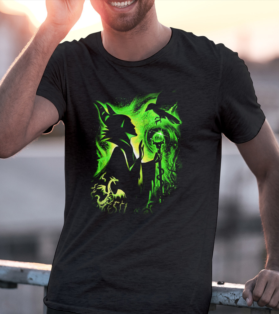 Maleficent 3 Dragon Silhouette And Green Magic Staff Scene T-Shirt