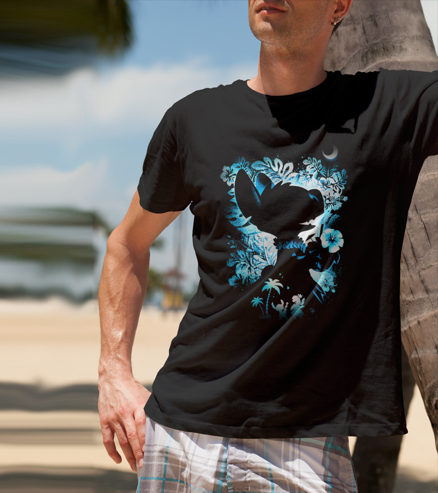 Stitch 2 Midnight Jungle Adventure With Tropical Florals And Crescent Moon T-Shirt