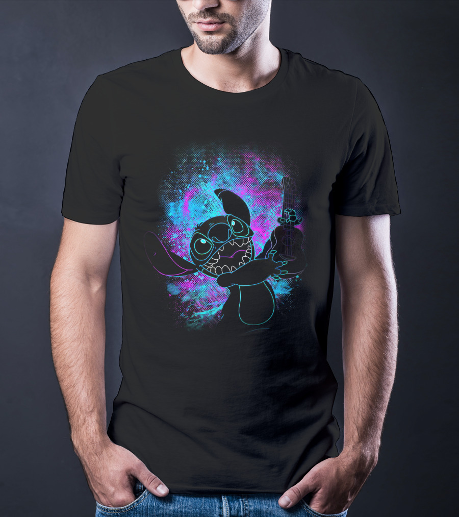 Stitch Neon Glow Playing Guitar Art T-Shirt