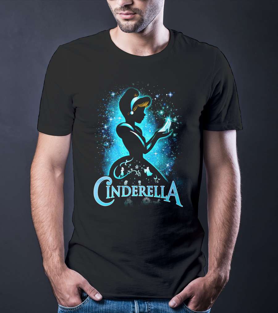 Cinderella Silhouette Holding Glass Slipper With Enchanted Blue Starry T-Shirt