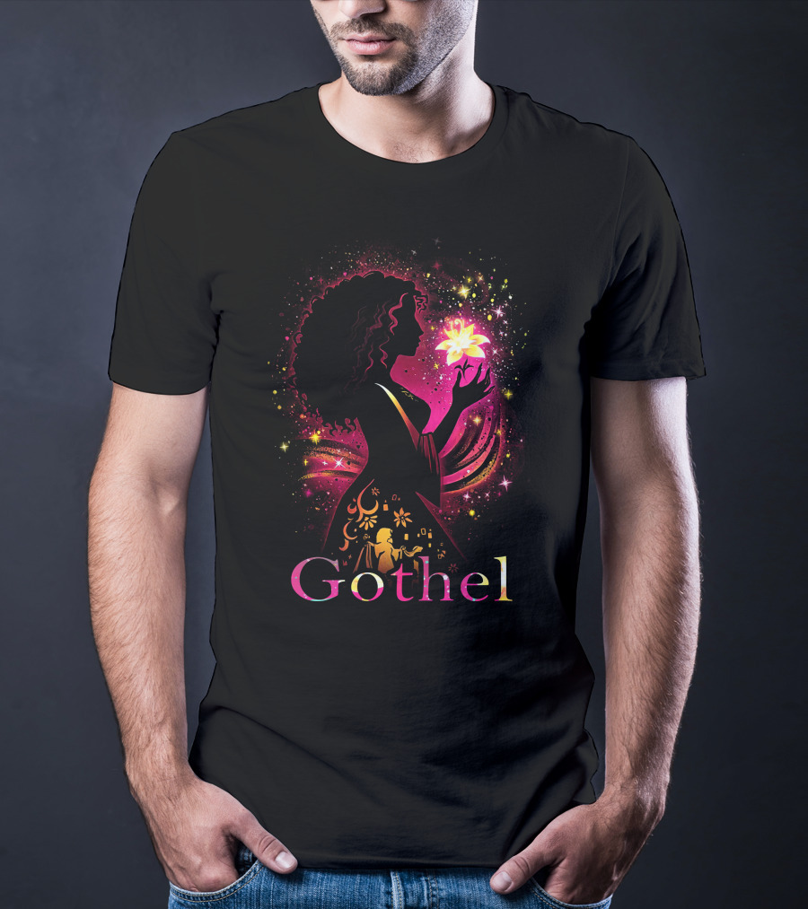 Gothel Silhouette With Glowing Flower And Cosmic Background T-Shirt