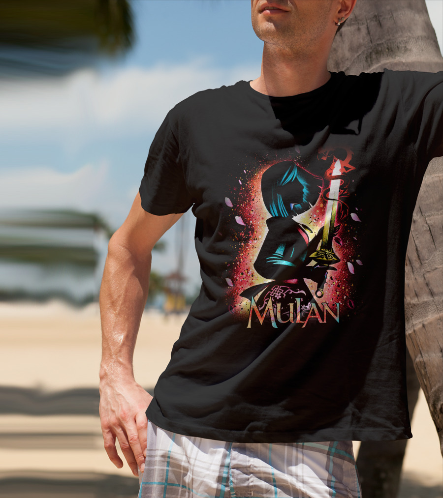 Mulan Sword Silhouette With Blossoms And Colorful T-Shirt