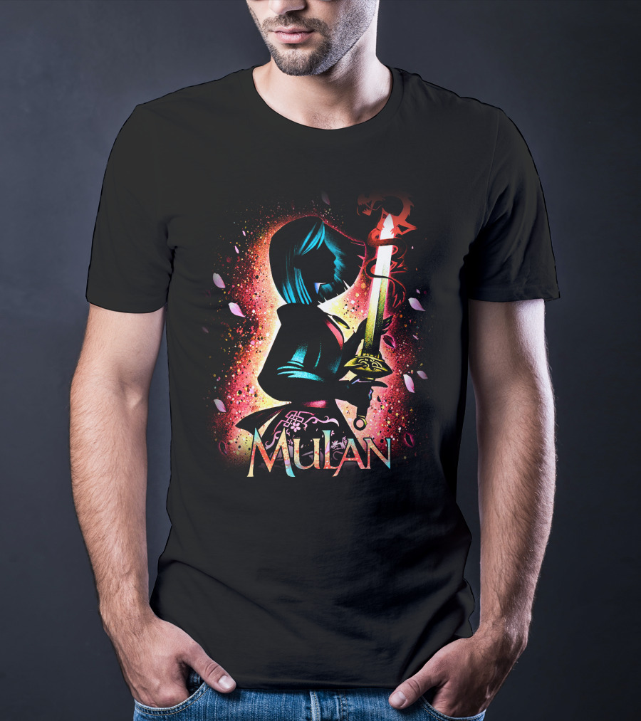 Mulan Sword Silhouette With Blossoms And Colorful T-Shirt