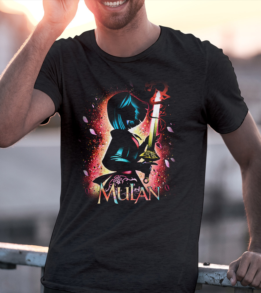 Mulan Sword Silhouette With Blossoms And Colorful T-Shirt