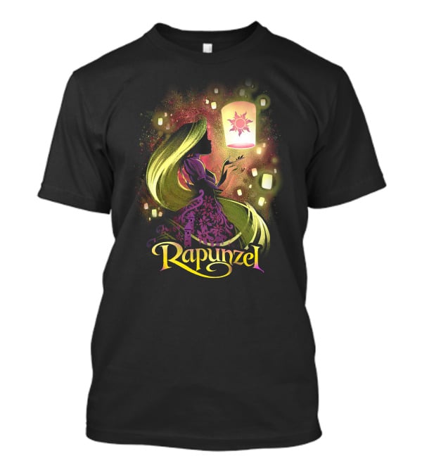 Rapunzel Lantern Silhouette With Glowing Hair And Floating Lights T-Shirt