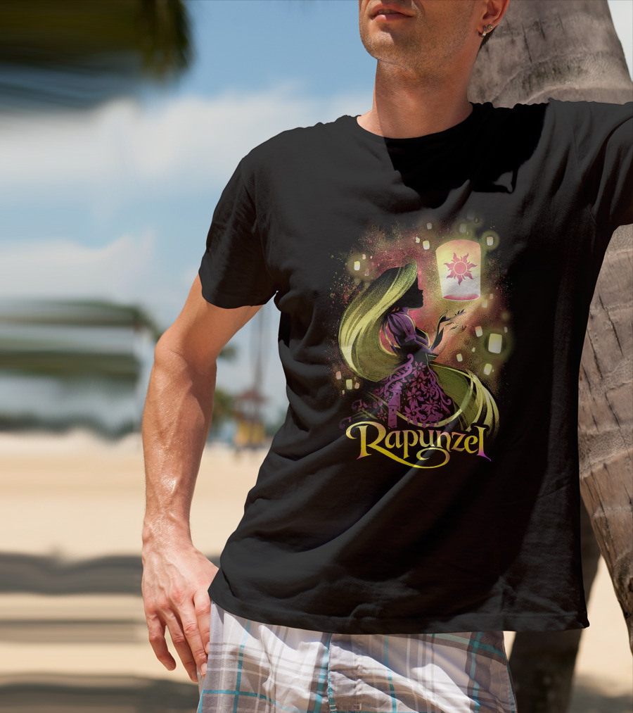Rapunzel Lantern Silhouette With Glowing Hair And Floating Lights T-Shirt