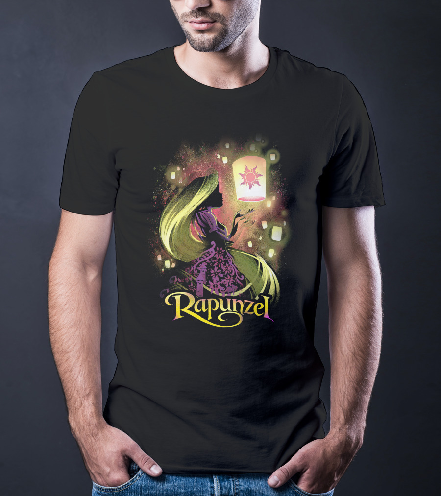 Rapunzel Lantern Silhouette With Glowing Hair And Floating Lights T-Shirt