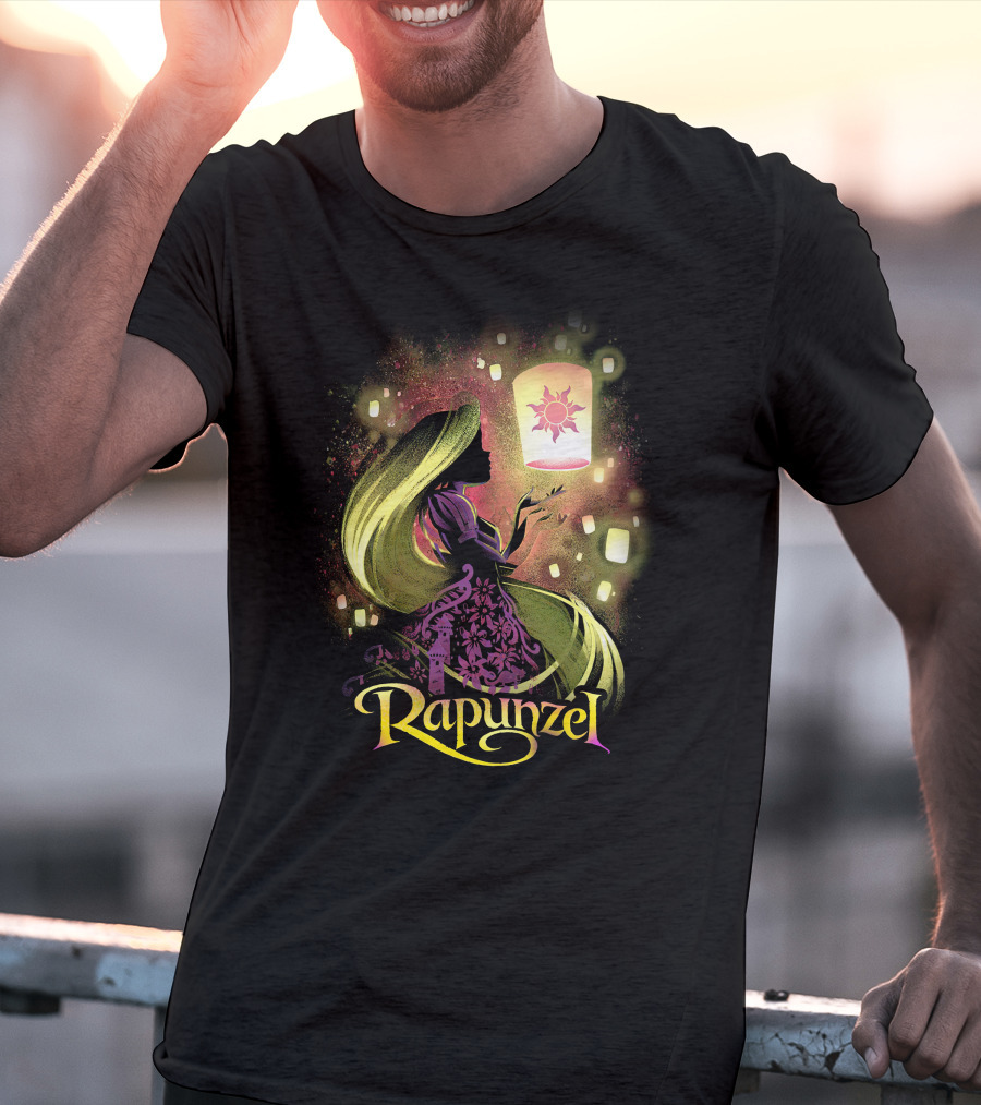 Rapunzel Lantern Silhouette With Glowing Hair And Floating Lights T-Shirt