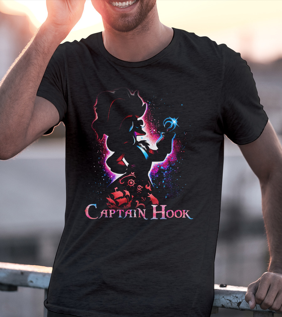 Captain Hook Silhouette With Pirate Ship And Nautical T-Shirt
