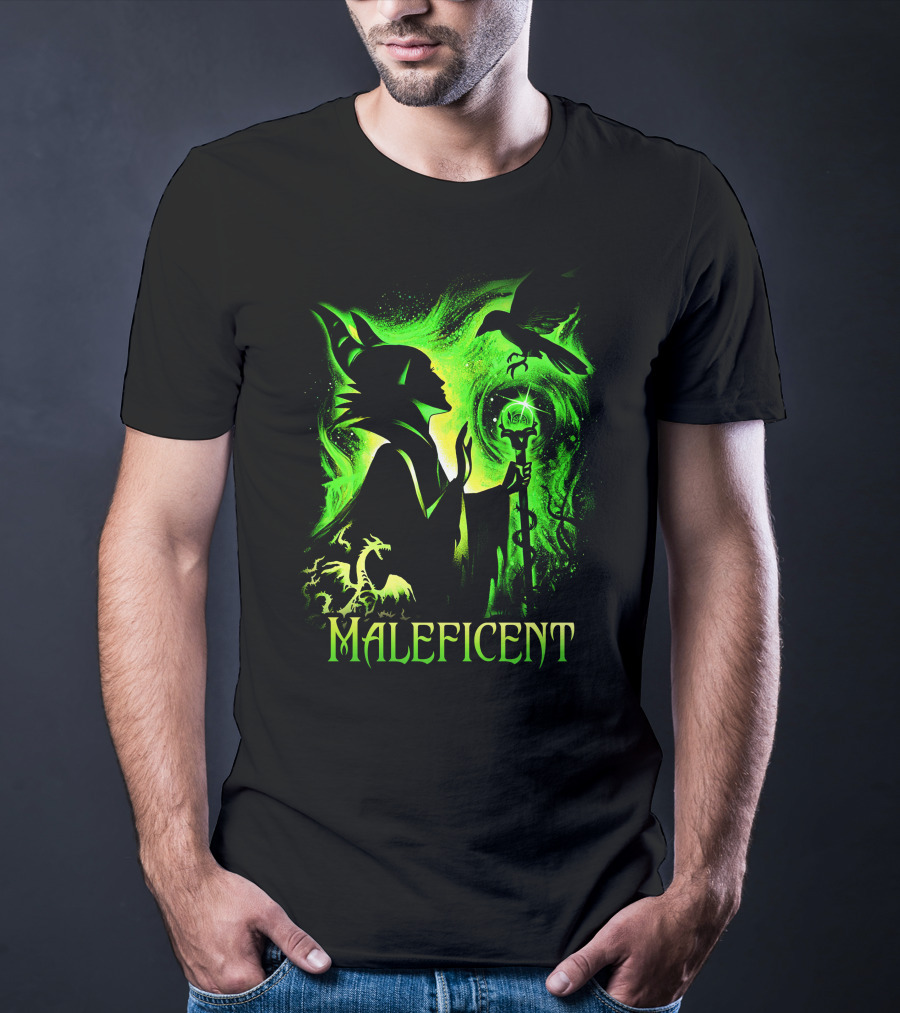 Maleficent Green Silhouette With Dragon Raven And Staff T-Shirt