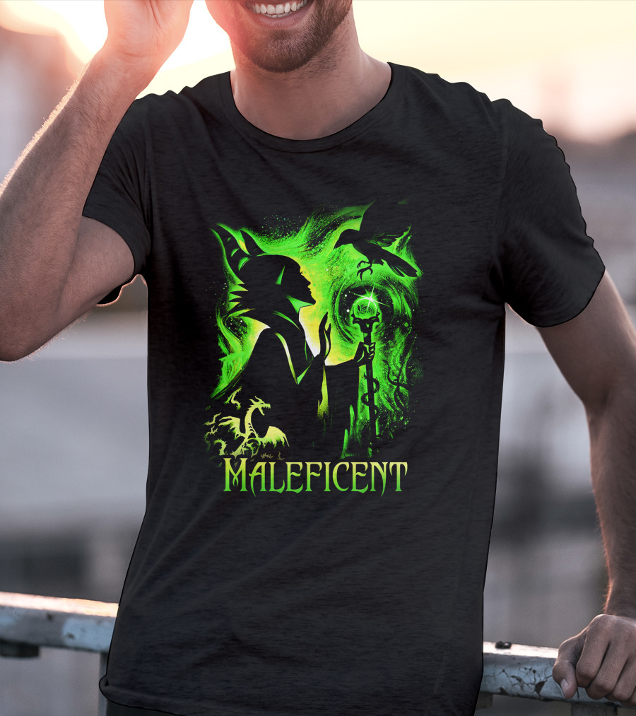 Maleficent Green Silhouette With Dragon Raven And Staff T-Shirt