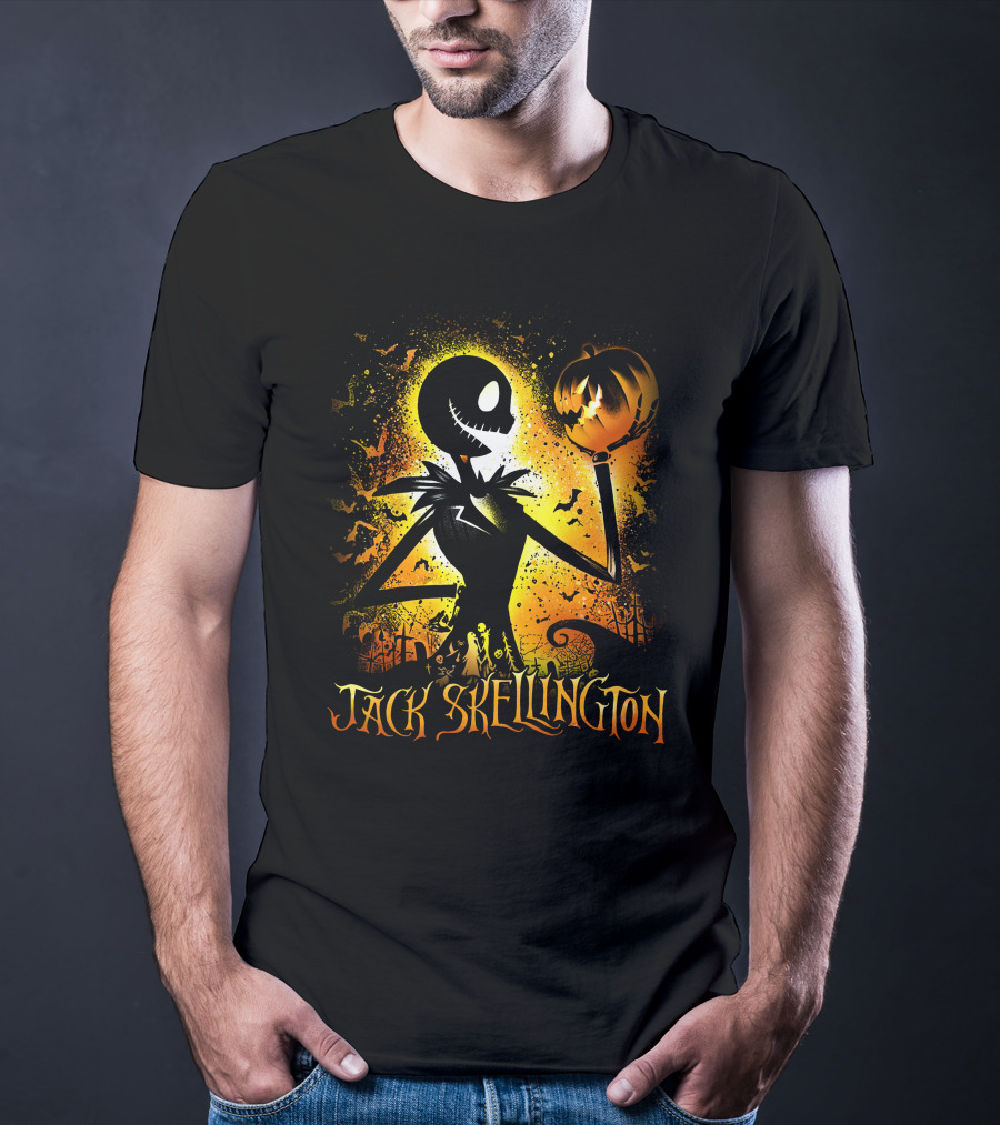 Jack Skellington Holding Pumpkin In Halloween Scene With Bats And Graveyard T-Shirt