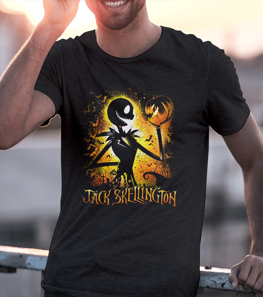 Jack Skellington Holding Pumpkin In Halloween Scene With Bats And Graveyard T-Shirt